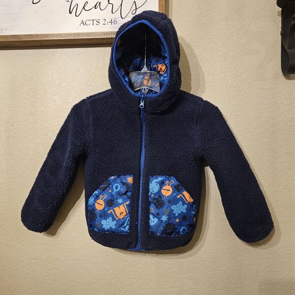 TUCKER + TATE Boys Reversible High Pile Fleece Hooded Jacket Size 5 Blue - Picture 7 of 9
